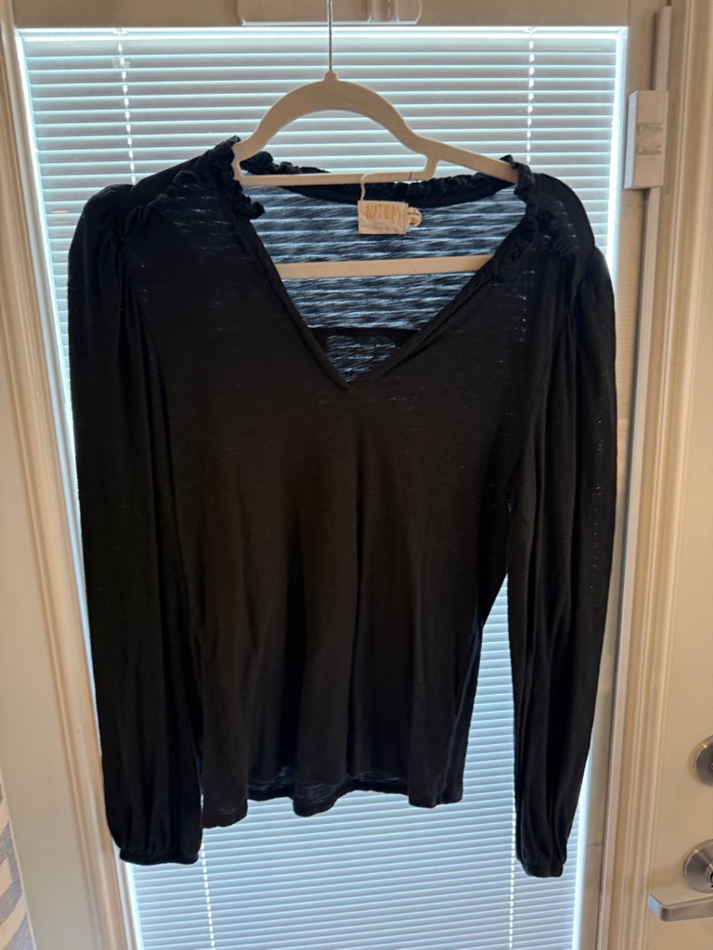 Nation LTD Black V-Neck Long Sleeve Top with Ruffle Trim